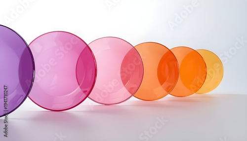 A colorful arrangement of translucent plastic plates in various shades of pink and orange