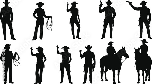 Set of black cowboy and cowgirl silhouettes including horse riders and gunslingers isolated on white background for western design.