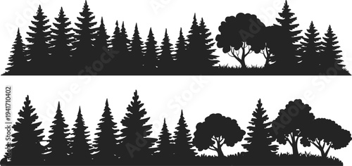 Set of black forest tree silhouettes including pine fir and deciduous trees with grass isolated on white background for panoramic landscape design.