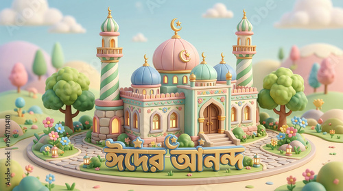 Eid Day Celebration Mosque Illustration: An enchanting illustration of a mosque celebrating Eid, with charming pastel colors.