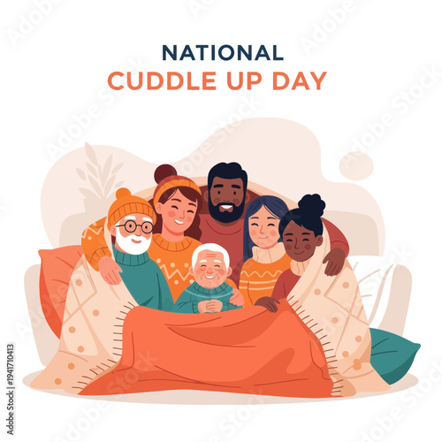 Diverse Family Cuddling Together on Sofa Celebrating National Cuddle Up Day