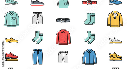 Assorted Clothing and Footwear Icons Set.
