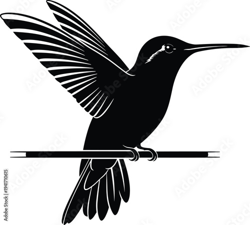 Black silhouette of a hummingbird perched on a thin horizontal bar vector illustration