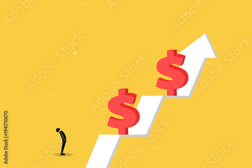Businessman looking up at a rising growth arrow with dollar symbols, representing financial success, profit forecasting, and wealth accumulation