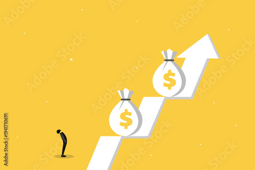 Businessman looking up at a rising growth arrow with dollar symbols, representing financial success, profit forecasting, and wealth accumulation