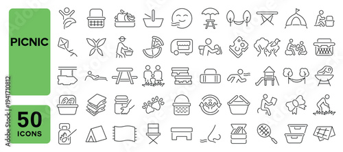 Set of 50 line icons related to picnic, picnic basket, park, gardens, sandwiches, side view table, picnic area, Editable stroke. Vector illustration