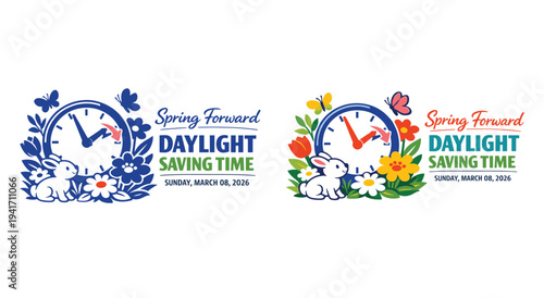 Spring forward daylight saving time clock with flowers and butterflies