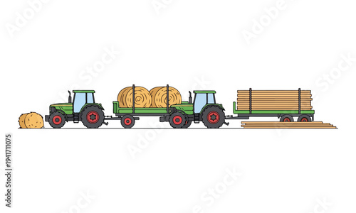 Green farm tractors hauling hay bales and wooden planks