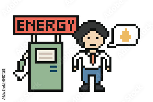 Cartoon oil gas station in fuel petrol pump with man fill,gasoline,energy,power.