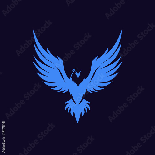 Soaring blue phoenix silhouette against dark background for symbolic design