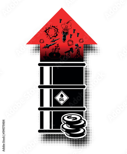 Increase in the price per barrel oil. Rise in fuel prices. Fuel crisis as a result of the war. Vector on transparent background