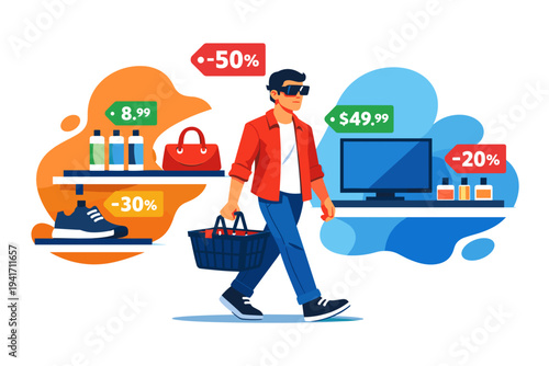 Man walking with shopping bag and basket during sale.