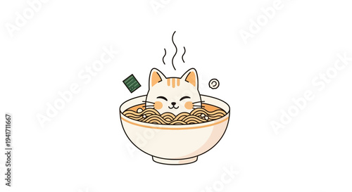 Adorable cat submerged in a steaming bowl of delicious ramen noodles with seaweed