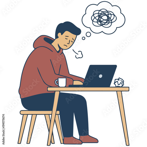 Vector illustration of a stressed and exhausted man working on a laptop at his desk.