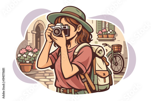 Woman photographer with backpack taking photo with vintage camera.