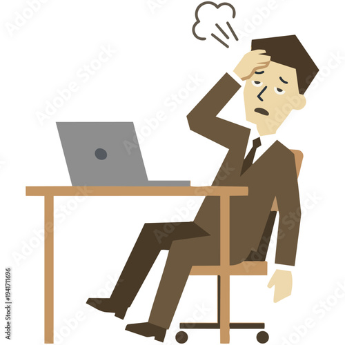 Vector illustration of a stressed and exhausted man working on a laptop at his desk.