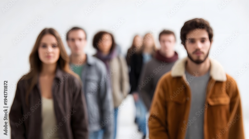 Fototapeta premium A diverse group of people standing in a line with a blurred background