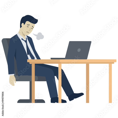 Vector illustration of a stressed and exhausted man working on a laptop at his desk.