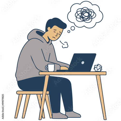 Vector illustration of a stressed and exhausted man working on a laptop at his desk.