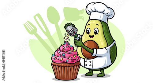 Cartoon avocado baker decorating a cupcake with sprinkles.