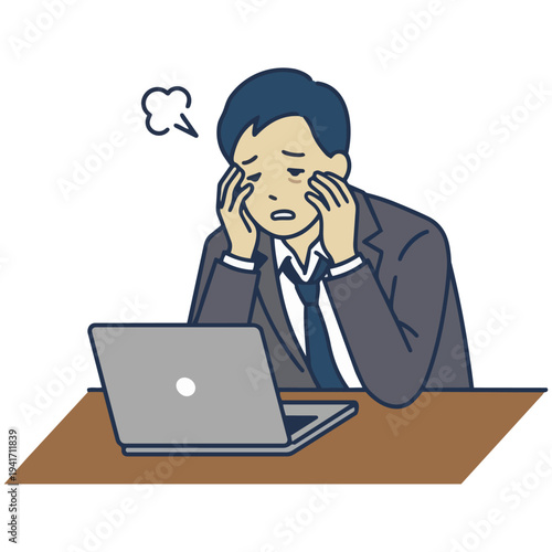 Vector illustration of a stressed and exhausted man working on a laptop at his desk.