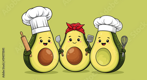 Three cartoon avocados wearing chef hats and cooking utensils.