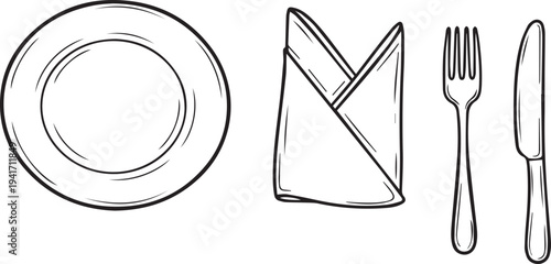 Set of 4 dining icons vector, plate, napkin, fork, knife