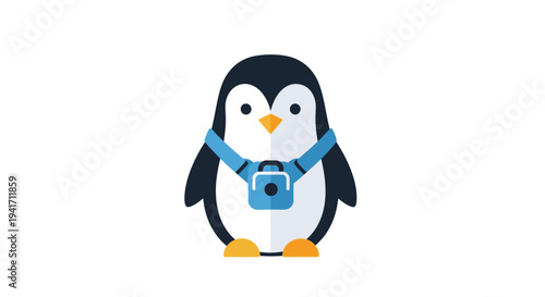 Cartoon penguin with camera isolated on white background