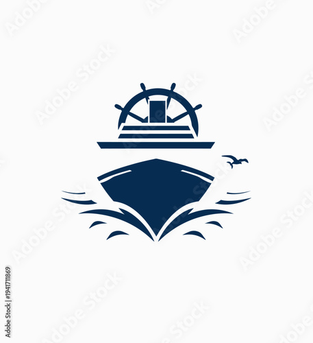 Nautical vessel silhouette with steering wheel and seagull vector illustration
