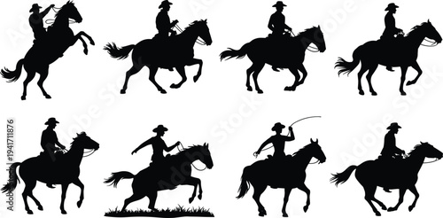 Set of black silhouettes featuring cowboys and cowgirls riding horses in various dynamic poses isolated on white background for western design.