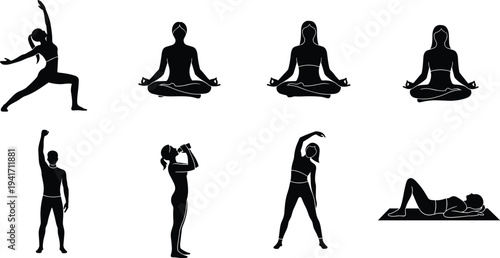 Black silhouettes of people practicing yoga and fitness exercises on a white background health