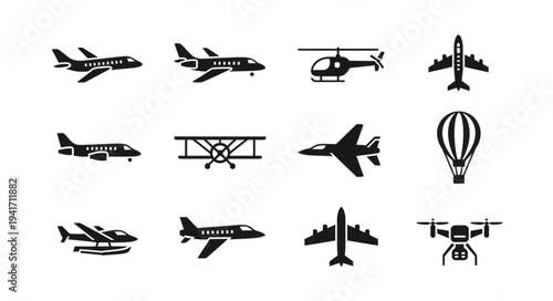 Collection of Black Airplane and Air Vehicle Silhouette Icons.