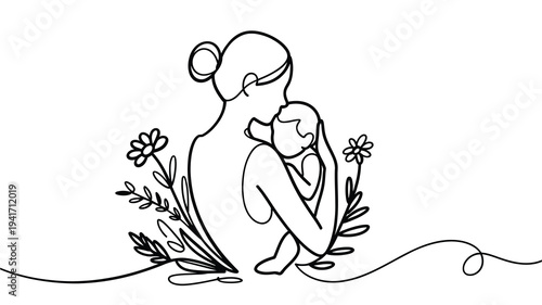 A continuous line drawing depicts a mother and baby surrounded by florals
