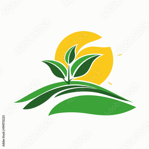 Green plant growing with sun over rolling hills on white background illustration