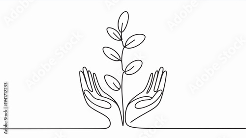 A minimalist line drawing of two hands cradling a small plant with leaves