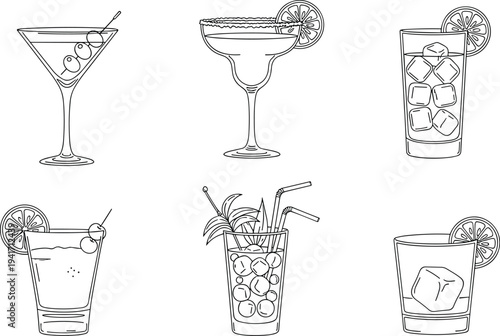 Line art collection of six different cocktail glasses with drinks and garnishes vector illustration