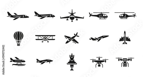 Diverse Collection of Aviation Icons - Planes, Helicopters, and Drones.