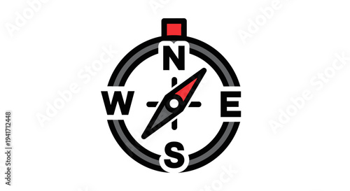 Illustrated compass icon pointing north on a white background navigation concept