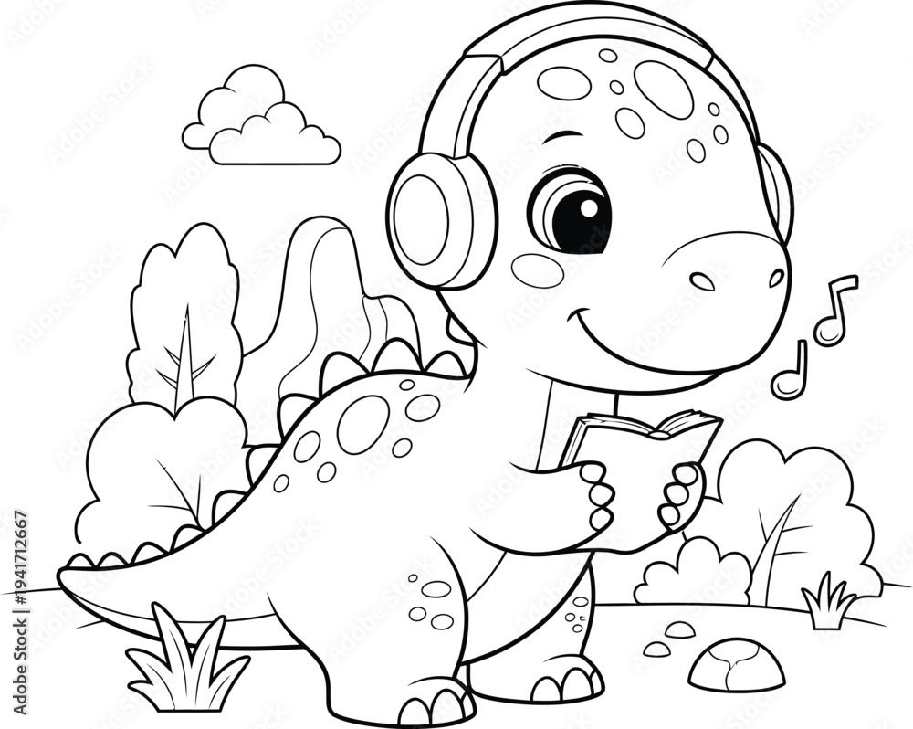 Obraz premium a charming illustration depicts a cute dinosaur wearing headphones and enjoying music in a peaceful outdoor setting with plants and clouds