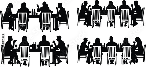 Multiple silhouettes of people dining and conversing around tables Keywords: people, dining, dinner, meal, table, chairs, wine