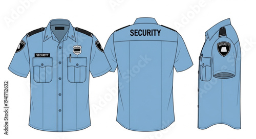 Security Guard Uniform Shirt - Front, Back, and Side Views.