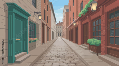 A serene and peaceful cobblestone street lined with vibrant buildings and lush greenery on a sunny day