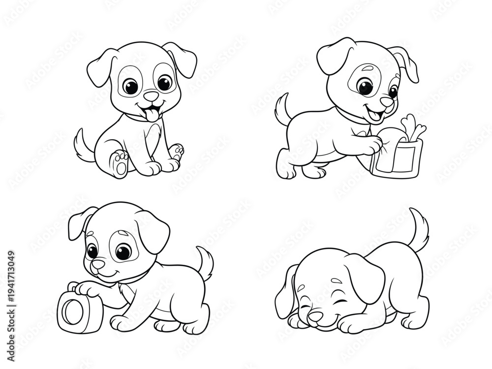 Obraz premium Adorable cartoon illustration depicts four playful puppies in various poses showcasing a delightful scene of canine companionship and joy high quality