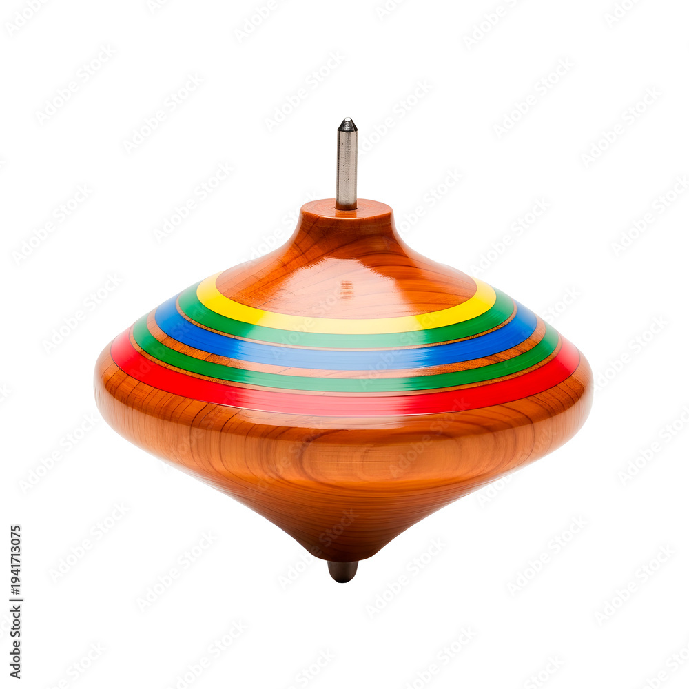 Obraz premium A colorful wooden spinning top, perfectly balanced and ready to twirl. The spinning top is made of wood, painted with bright colors and designed for fun