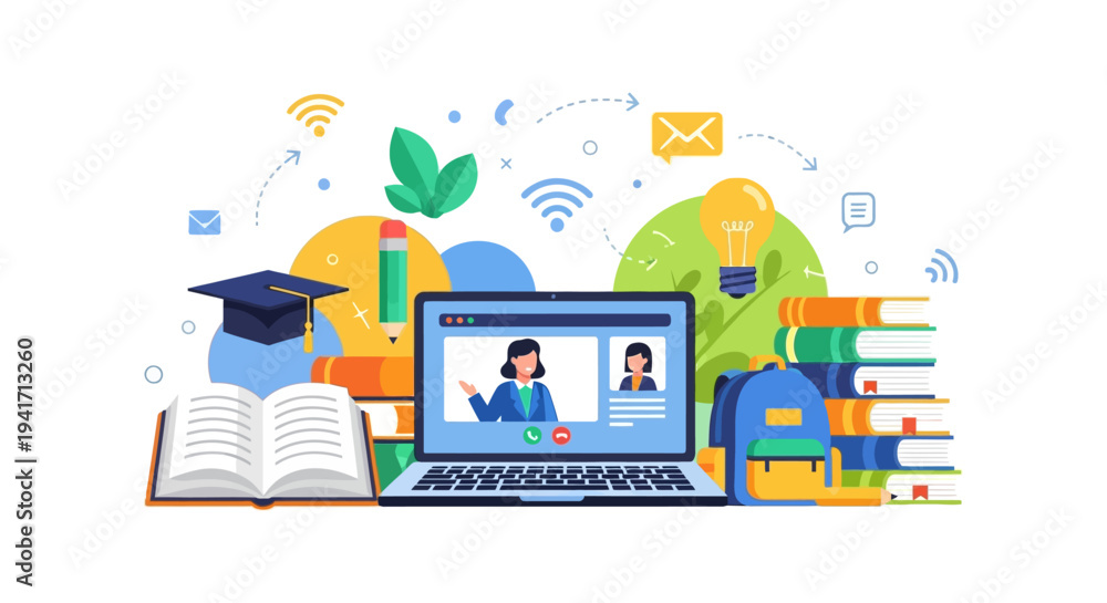 Obraz premium Online E-Learning Video Conference Concept. Distance education with teacher on laptop, books, graduation cap, and knowledge symbols.