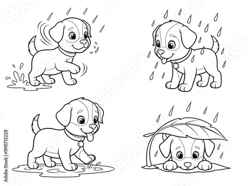 Charming cartoon illustration depicts playful puppies experiencing a rainy day some enjoying the downpour and another sheltered high quality professional detailed