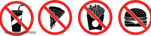 Set of four prohibition signs for unhealthy food and drinks no food no drinks