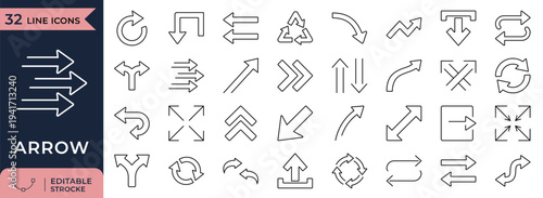 Directional arrow navigation line icon set for movement and interface design
