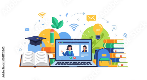 Online E-Learning Video Conference Concept. Distance education with teacher on laptop, books, graduation cap, and knowledge symbols.