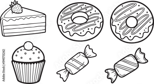 Set of 6 dessert icons vector, black and white